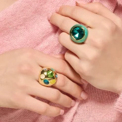 Anillo acabado oro amarillo de 18k y Cuarzo Hidrotermal Verde Paraiba - Mantis