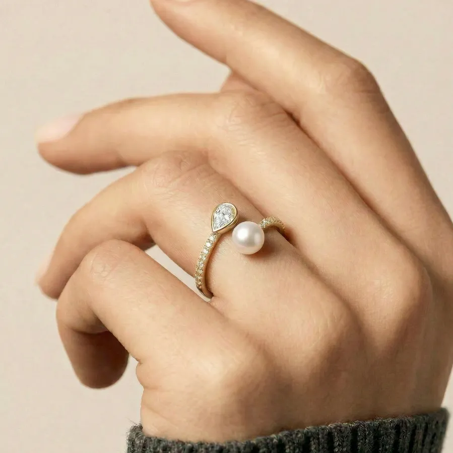 Anillo de Perla Blanca acabado en oro amarillo de 18k - Tian