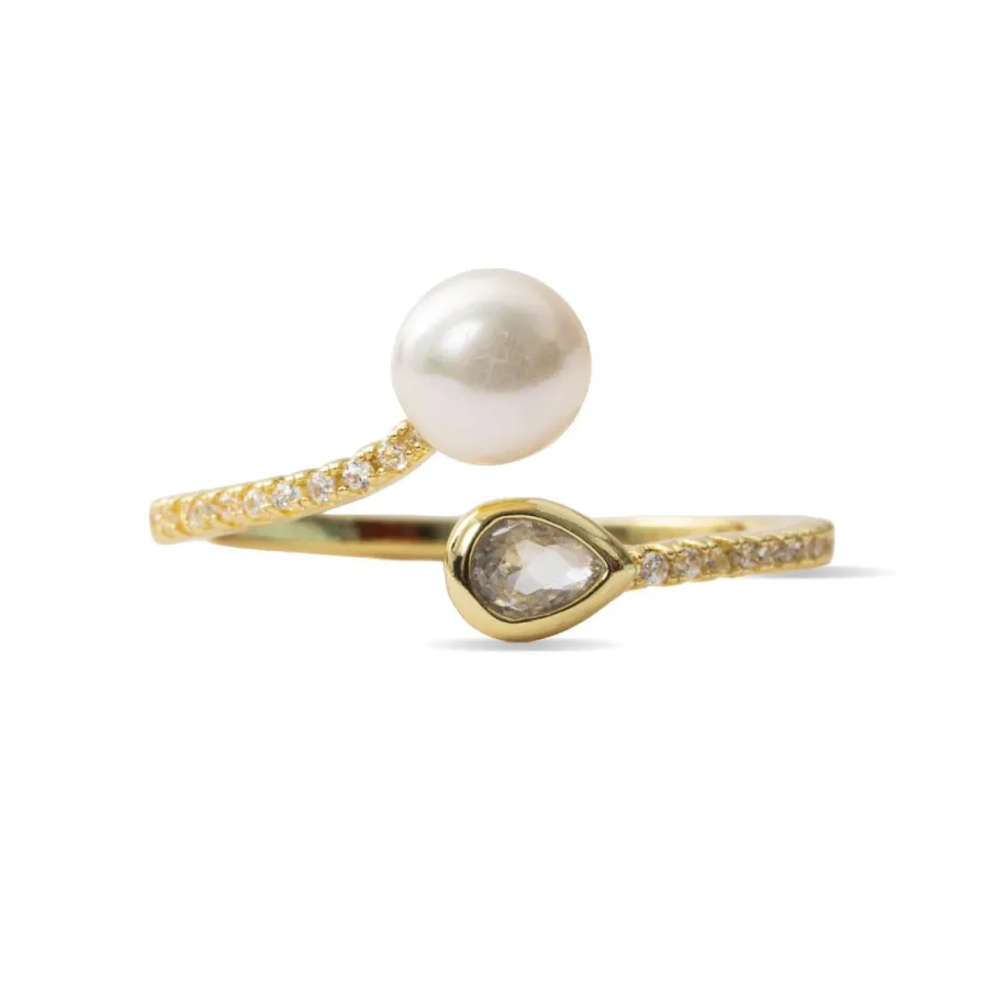 Anillo de Perla Blanca acabado en oro amarillo de 18k - Tian