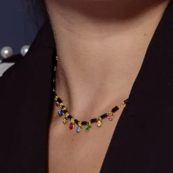 Collar de Plata de Ley 925 con Circonita Multicolor acabado en oro amarillo 18K - Vusak