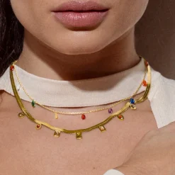 Collar de Plata de Ley 925 con Circonita Multicolor acabado en oro amarillo 18K - Lukza