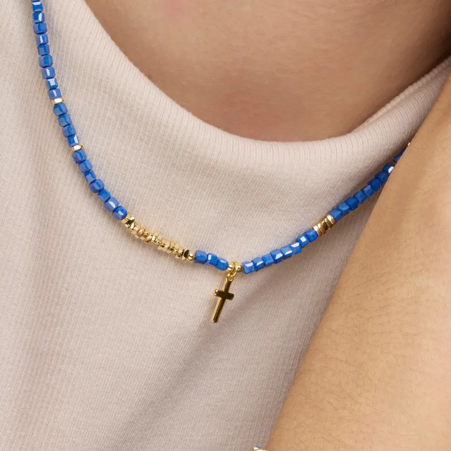 Collar de Plata de Ley 925 y Cristal Azul Oscuro acabado oro amarillo de 18k - Iszun