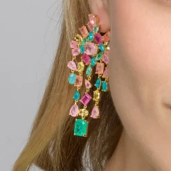 Pendientes de Plata de Ley 925 y Cuarzo Hidrotermal Multicolor acabado oro amarillo de 18k - Pangha
