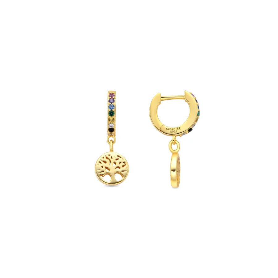 Pendientes de Plata de Ley 925 y Circonita Multicolor acabado oro amarillo de 18k - Arbol Vida