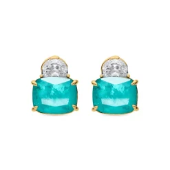 Pendientes de Plata de Ley 925 y Cuarzo Hidrotermal Verde Paraiba acabado oro amarillo de 18k - Rukna