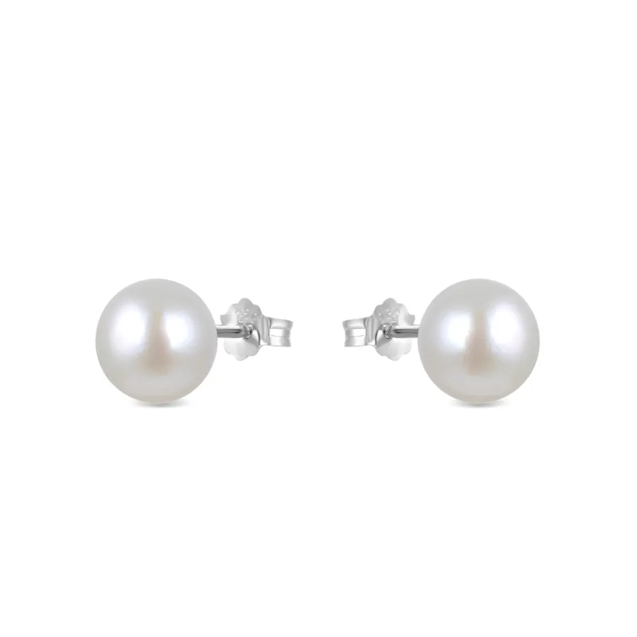 Pendientes de Plata de Ley 925 de 8mm con Perla Blanca acabados en rodio - Básico