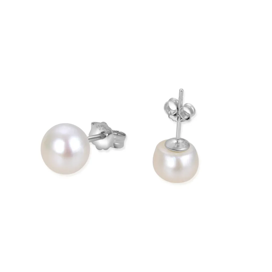 Pendientes de Plata de Ley 925 de 8mm con Perla Blanca acabados en rodio - Básico