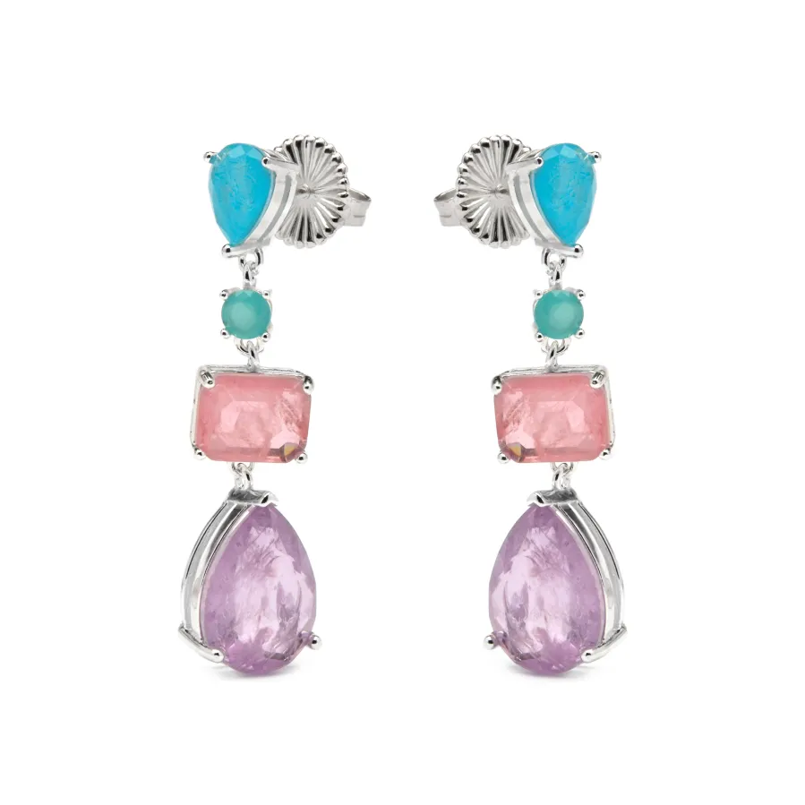 Pendientes de Plata de Ley 925 y Cuarzo Hidrotermal Multicolor acabado rodio - Mifa