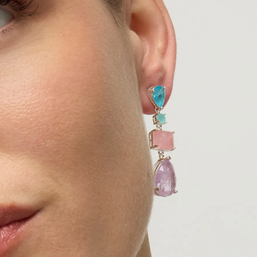 Pendientes de Plata de Ley 925 y Cuarzo Hidrotermal Multicolor acabado rodio - Mifa