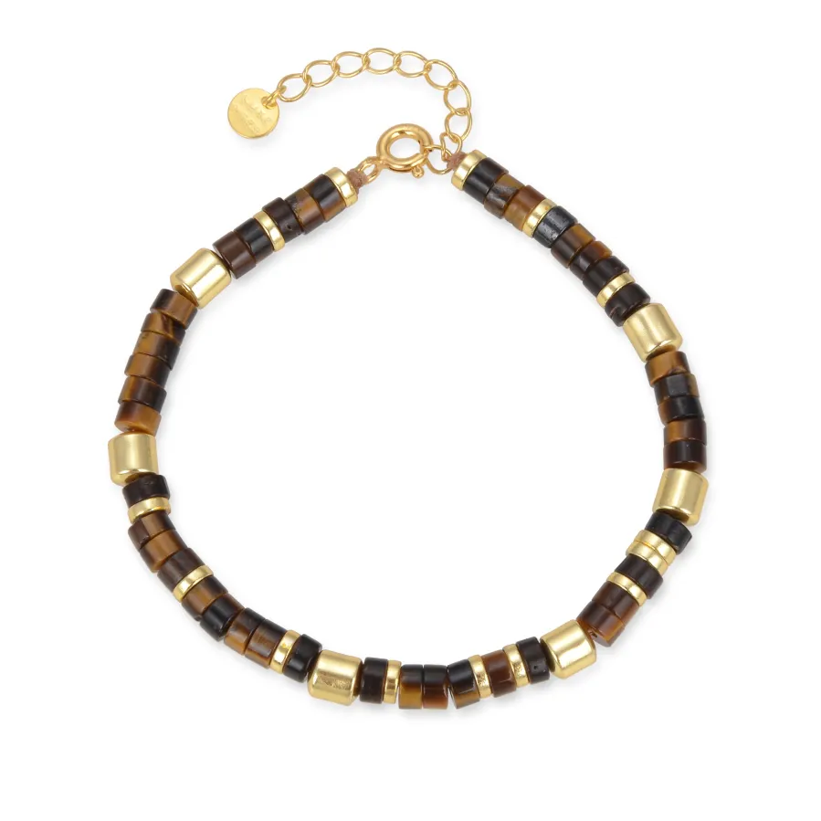 Pulsera de Plata de Ley 925 con Ojo De Tigre acabada en oro amarillo de 18K - Ihun