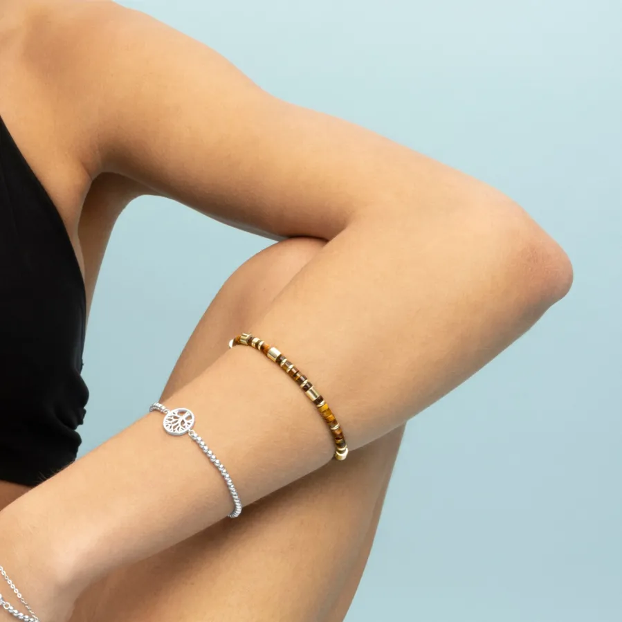 Pulsera de Plata de Ley 925 con Ojo De Tigre acabada en oro amarillo de 18K - Ihun