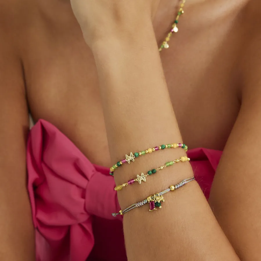 Pulsera de Plata de Ley 925 con Cristal Verde acabada en oro amarillo 18K - Mariposa