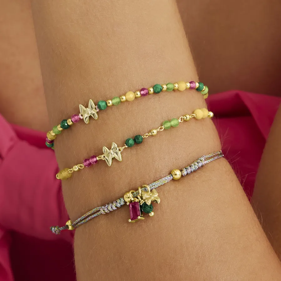 Pulsera de Plata de Ley 925 con Cristal Verde acabada en oro amarillo 18K - Mariposa