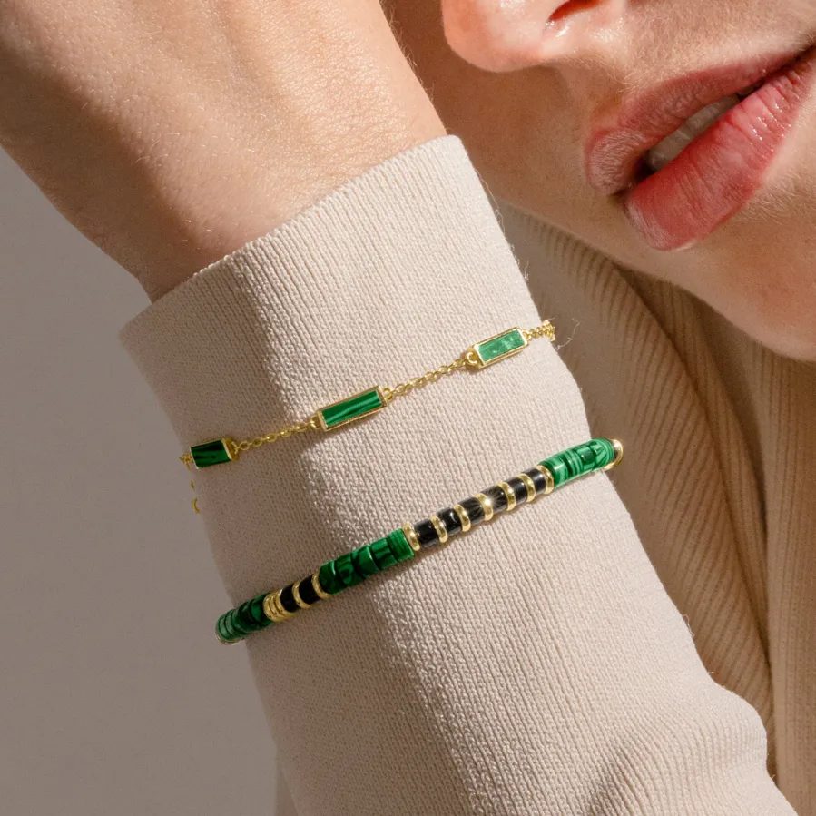 Pulsera de Plata de Ley 925 y Malaquita acabado oro 18k - Ilmina